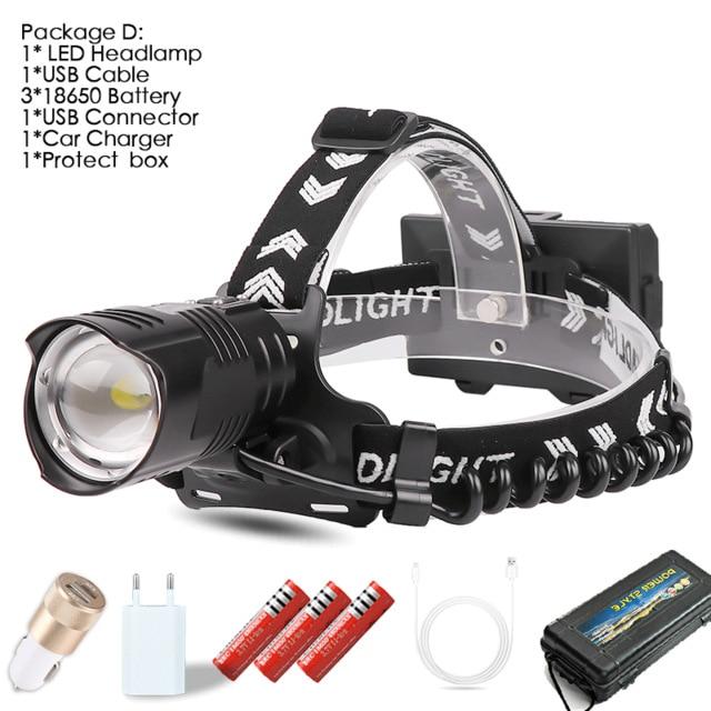 40000-300000 LM USB Rechargeable Powerful LED Headlamp - Black Cock Survival