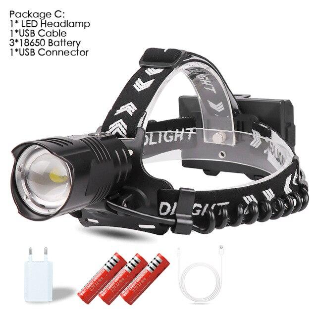 40000-300000 LM USB Rechargeable Powerful LED Headlamp - Black Cock Survival