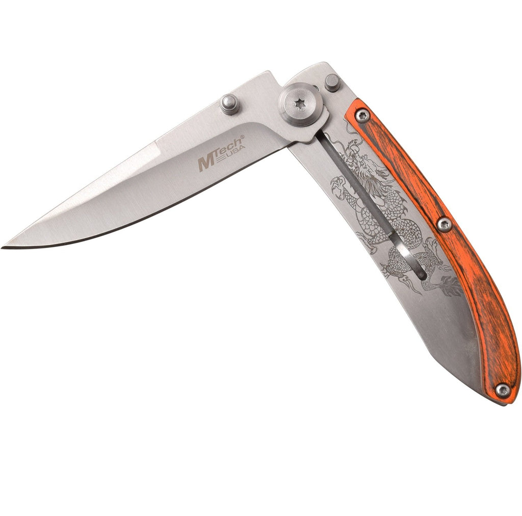 MTech Folder 3.25 in Blade Wood-Stainless Steel Handle - Black Cock Survival