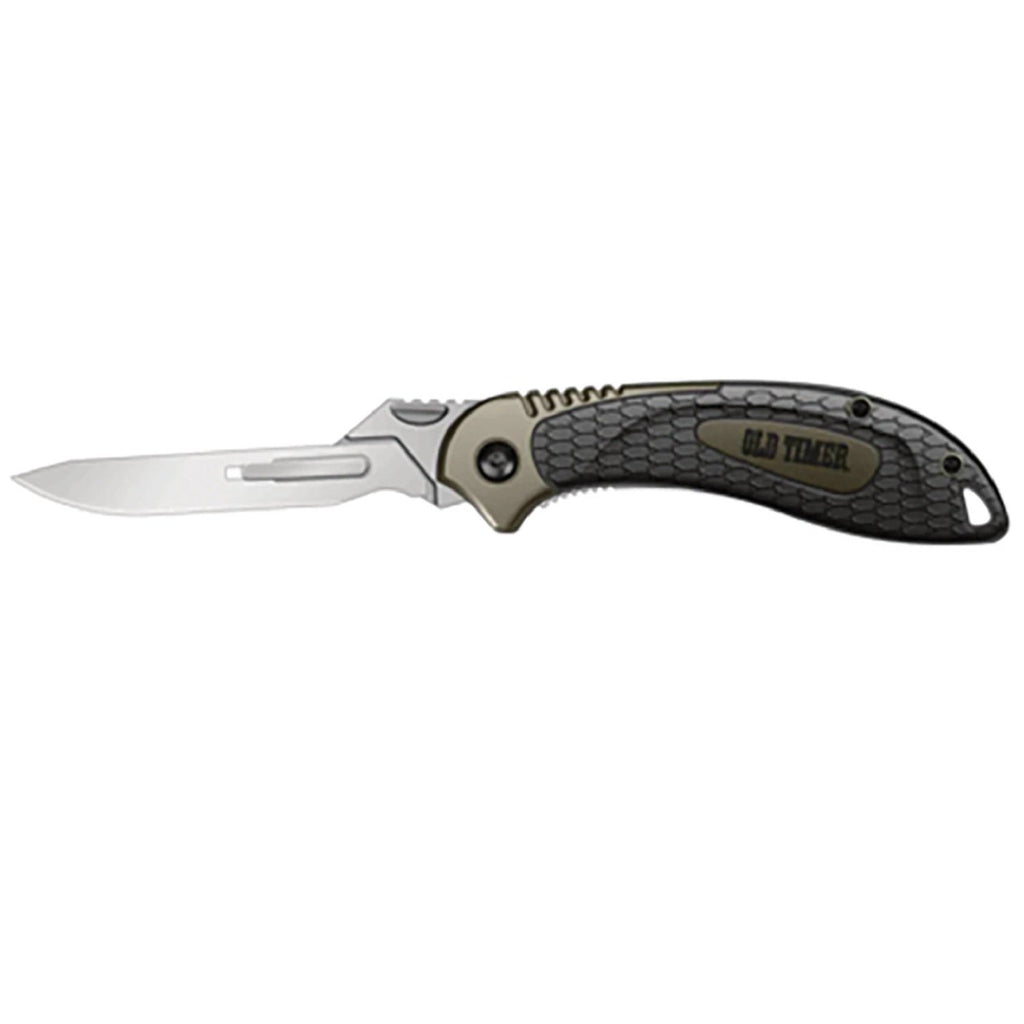 Old Timer Replaceable Blade Folder 3.3 in Blade TPE Handle - Black Cock Survival